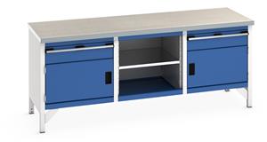 Bott Bench 2000Wx750Dx840mmH - 2 Cupboards,2 Drwrs & LinoTop 2000mm Wide Storage Benches 41002054.11v Gentian Blue (RAL5010) 41002054.24v Crimson Red (RAL3004) 41002054.19v Dark Grey (RAL7016) 41002054.16v Light Grey (RAL7035) 41002054.RAL Bespoke colour £ extra will be quoted